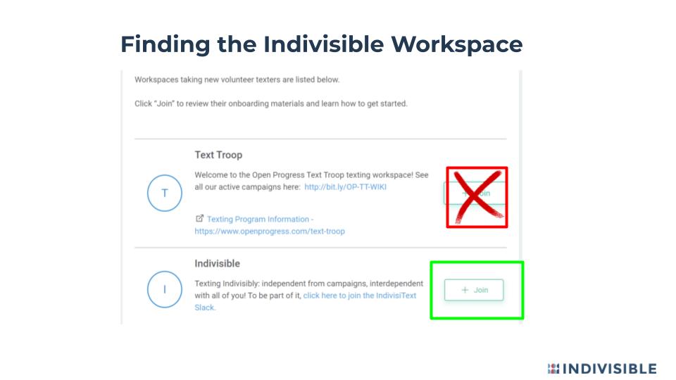 Screenshot of TextOut workspace screen that has an X over the "Text Troop" option and a check mark over the "Indivisible" option