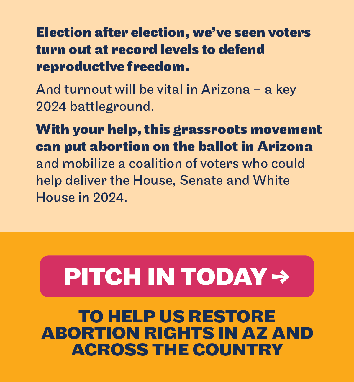 Election after election, we've seen voters turn out at record levels to defend reproductive freedom. And turnout will be vital in Arizona - a key 2024 battleground. With your help, this grassroots movement can put abortion on the ballot in Arizona and mobilize a coalition of voters who could help deliver the House, Senate, and White House in 2024. Pitch in today and help us restore abortion rights in Arizona and across the country. 