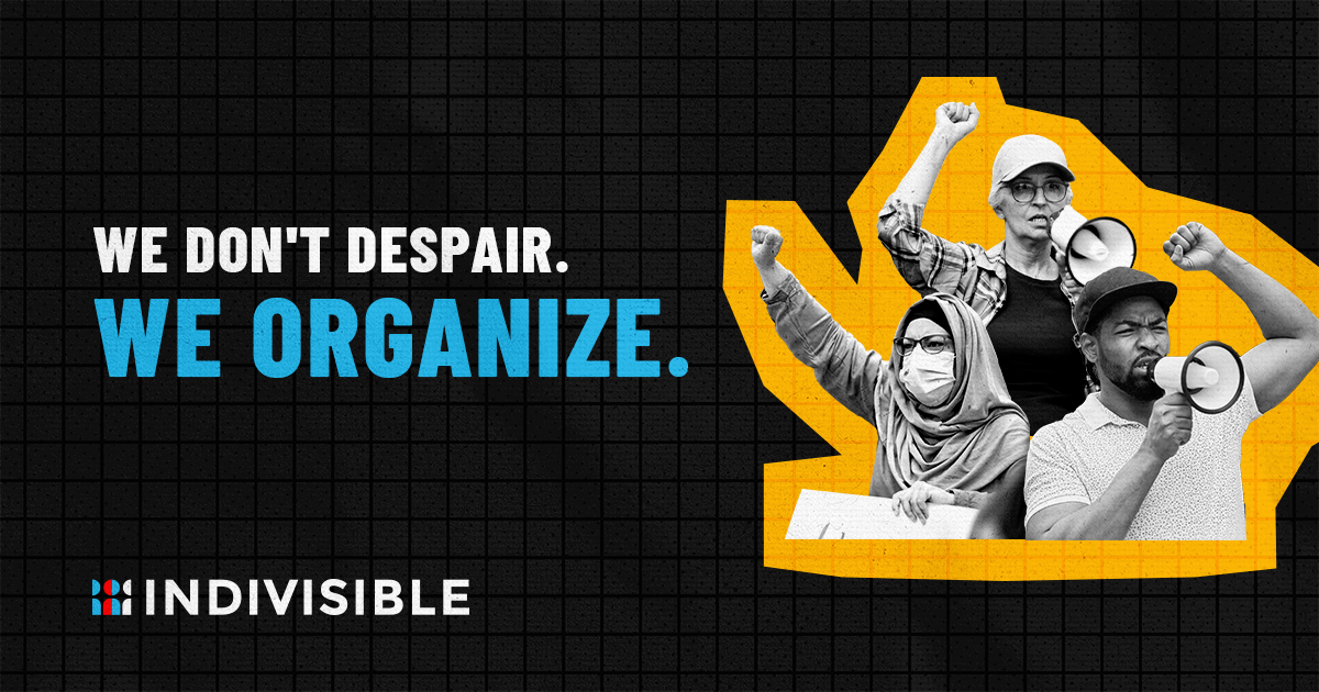 We Don't Despair. We organize. People using bullhorns.