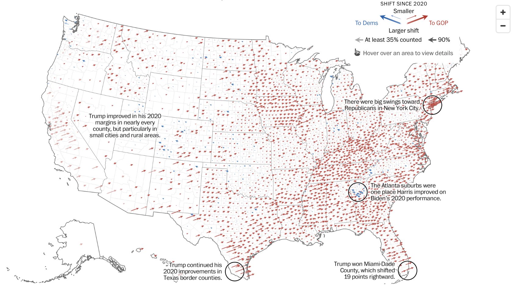 Map of the US with state outlines and directional arrows either pointing to the left or right to indicate swing towards democrat or republican. Between 2020-2024, the overwhelming majority of counties swung towards Trump. Source: Washington Post;