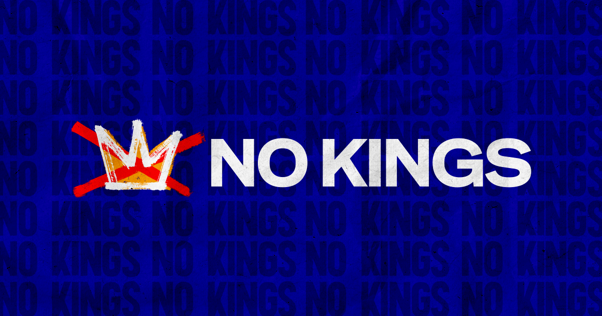 Crown crossed out in red "X" and "No Kings" to the left in white font.