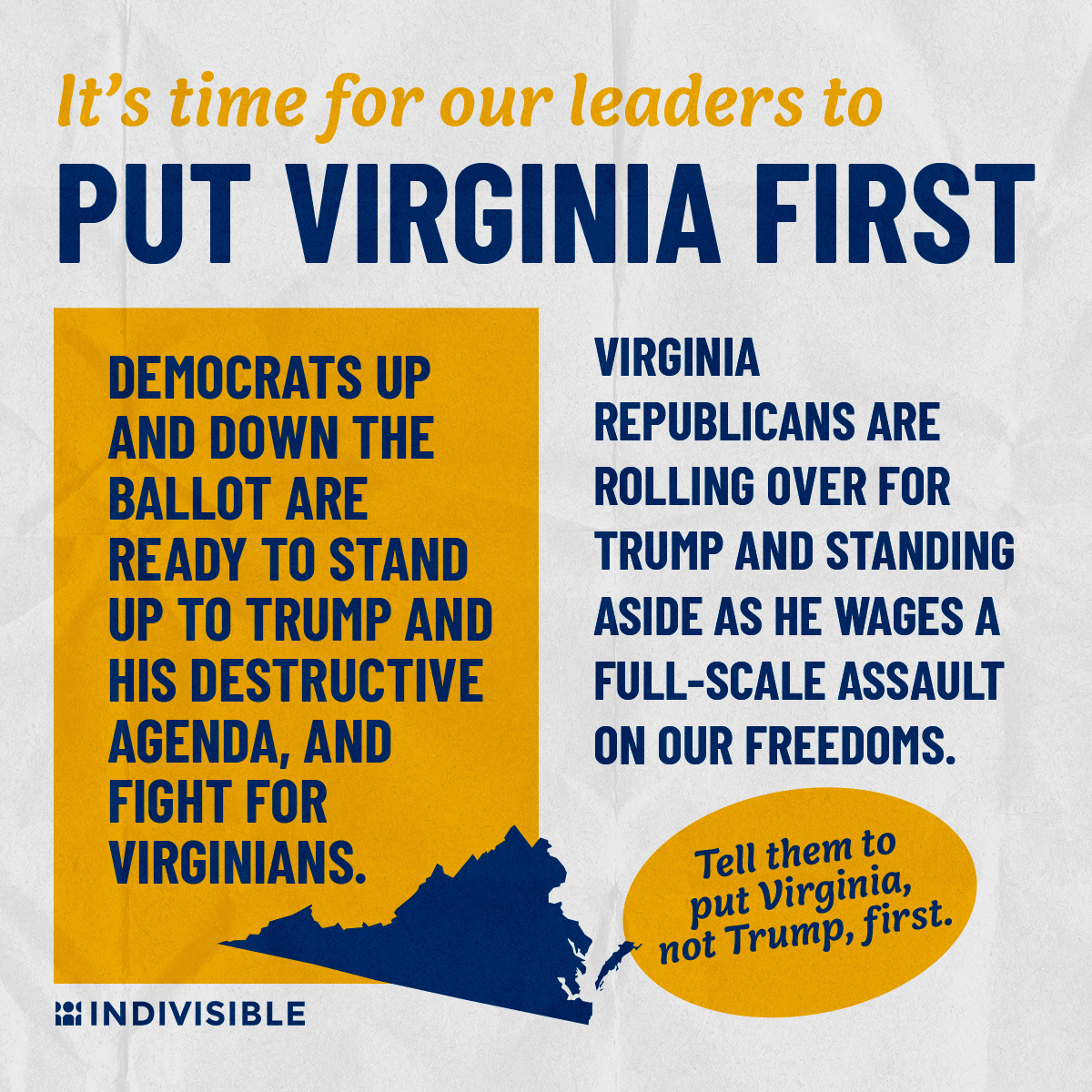 Graphic urging people to tell their elected leaders to "Put Virginia First and not Trump"