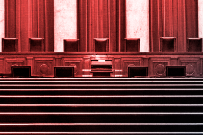 Stylized image of the seats where the Supreme Court Justices sit when hearing cases
