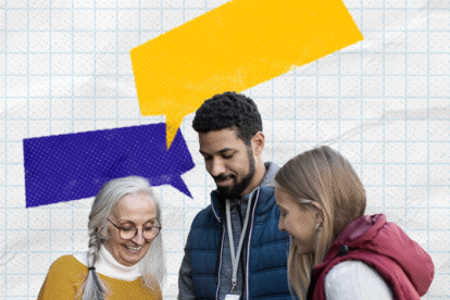 Three people speaking while looking at a clipboard