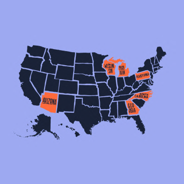 Map of the United States with Arizona, Georgia, Wisconsin, Michigan, Pennsylvania, and North Carolina highlighted