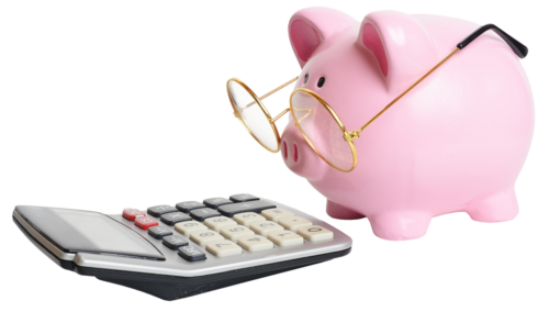 image of a piggy bank wearing glasses and looking at a basic math calculator