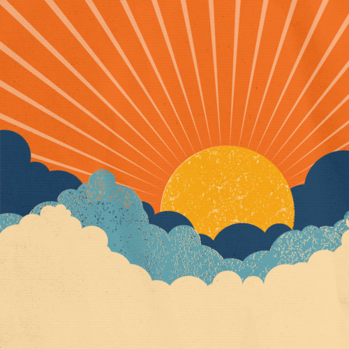 Stylized illustration of a rising sun behind layered clouds with radiating orange rays—graphic header used by Indivisible.
