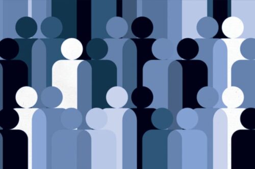 Abstract group of figures gathered together in varying blue shades, symbolizing collective action