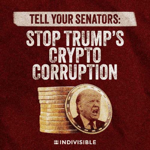 Image of Trump on a coin with the words “Tell Your Senators: Stop Trump’s Crypto Corruption”.