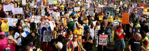 Various groups of people protesting