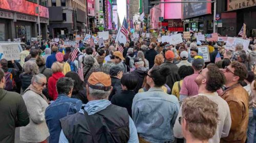 A large crowd gathered in NYC during the No Kings protest.