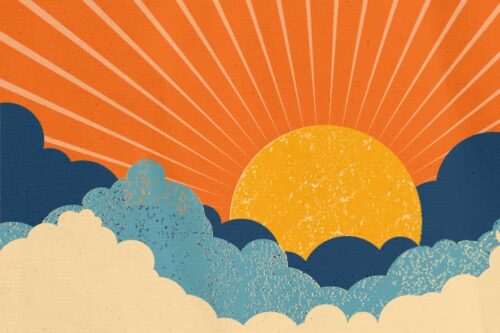 Stylized illustration of a sunrise with orange rays shining above blue and cream-colored clouds against a textured background.