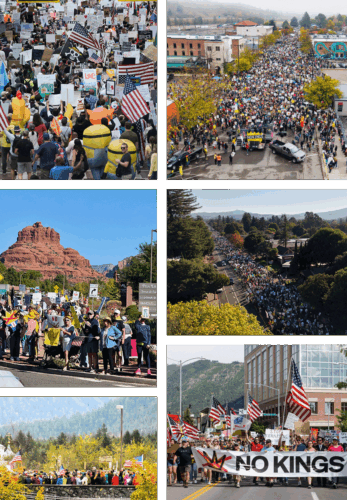 A collage of crowd photos from the second No Kings Day.