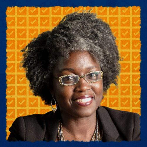A photo of Jasmine Clark with checkmarks in the. background, indicating her victory.