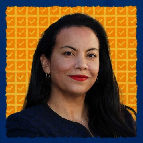 A photo of Analilia Mejia with checkmarks in the background indicating her primary victory.