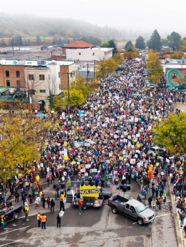 large crowd at a Missoula No Kings rally