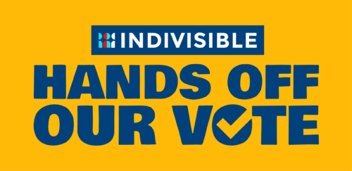 Blue text reading 'hands off our vote' on a yellow background. A checkmark is in the middle of the o in vote.