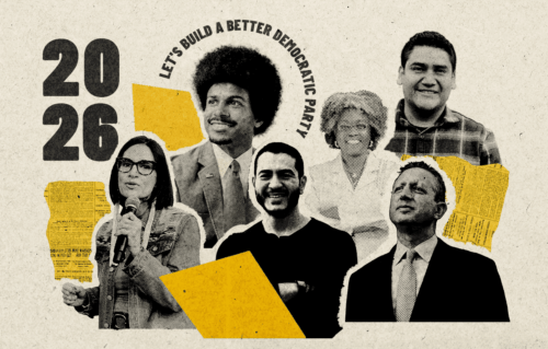 A graphic with images of several endorsees in a collage pattern: Flanagan, Chevalier, Villegas, Clark, Lander, Pearson. Blue background, yellow patches of color and the words let's build a better democratic party 2026