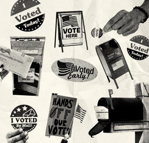 A collection of sepia-toned electio-related graphics like a vote here sign, I voted sticker, mail in ballot, and mail box.