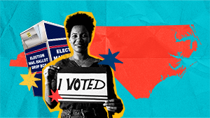 North Carolina outline with a woman holding an I voted sign